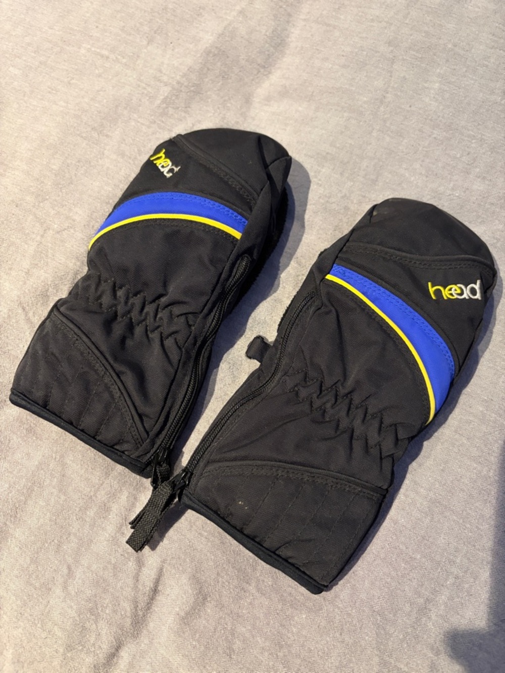 Head Black Mittens with Blue and Yellow Accents